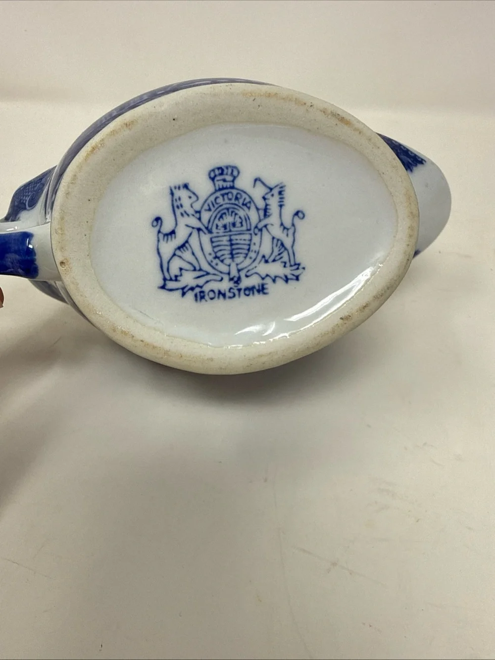 Vintage Victoria Ironstone Scuttle Shape Blue White Flow Willow Shaving Mug.